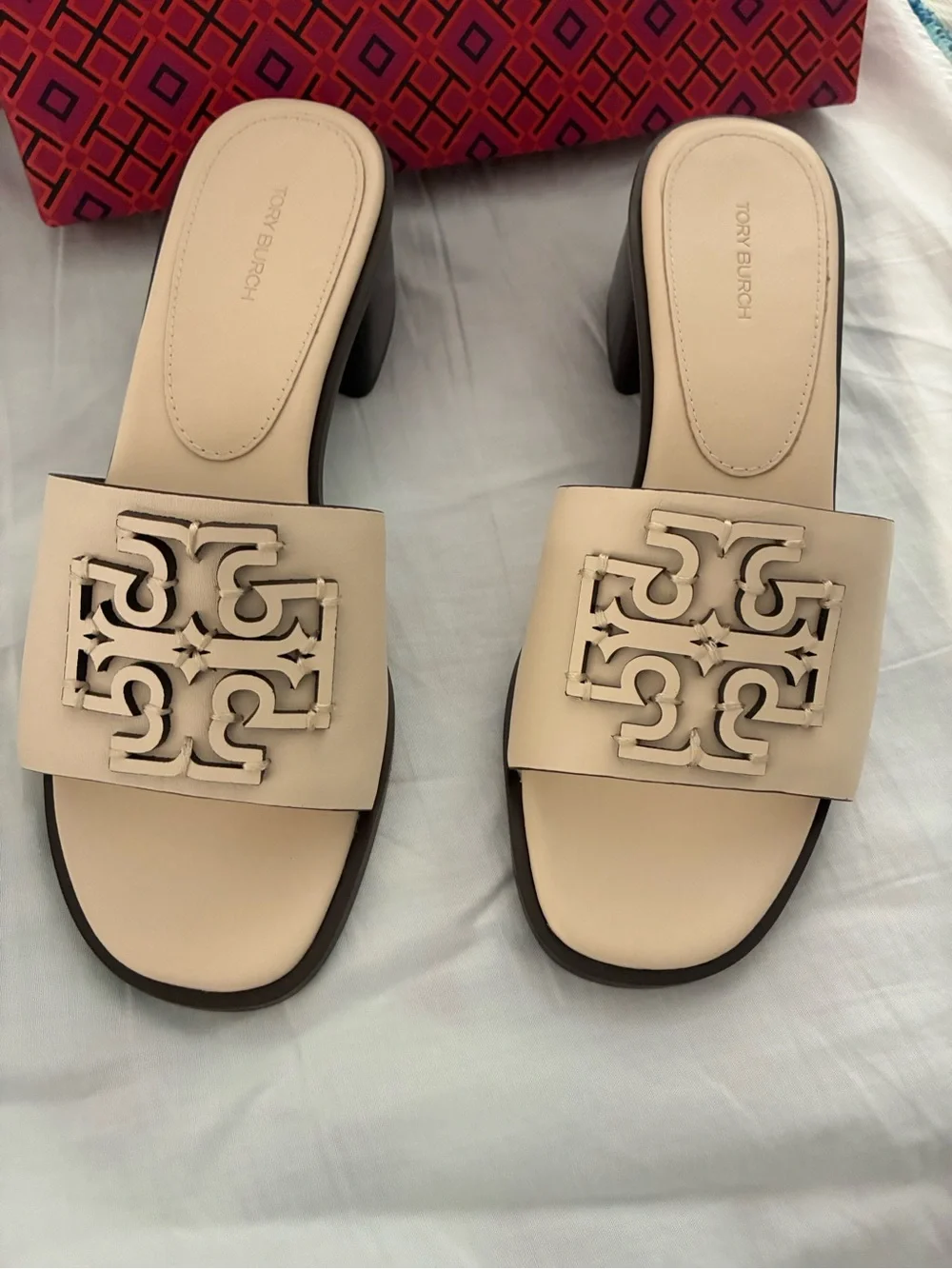 Tory Burch Beige Logo Slide Mules with Gold Accent